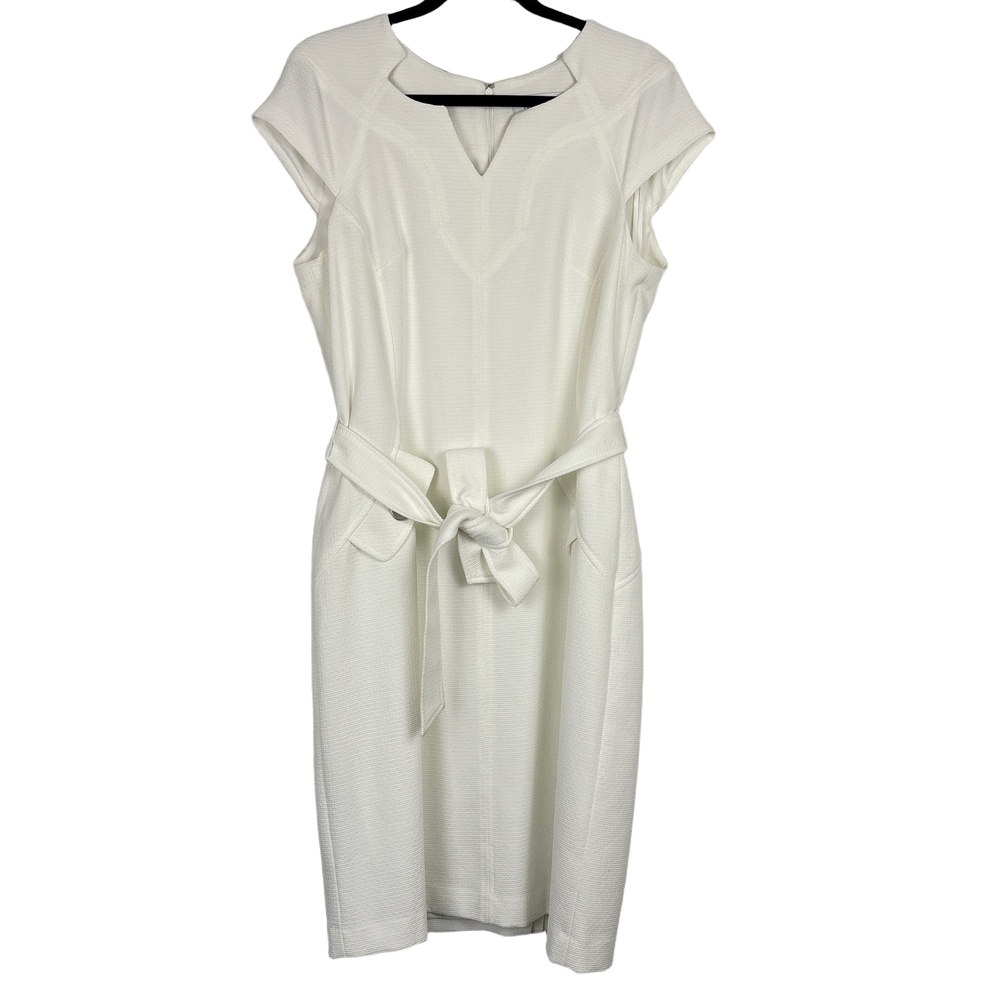 Kasper White Sheath Dress Women’s 12 Belted‎ Fully Lined Closet Staple Workwear